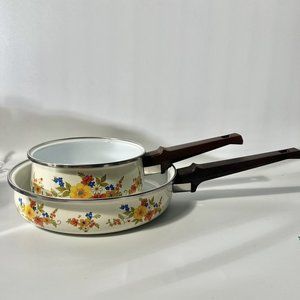 1970s Vintage MCM JMP Enamelware Skillet And Pot Sweet Flowers Spain